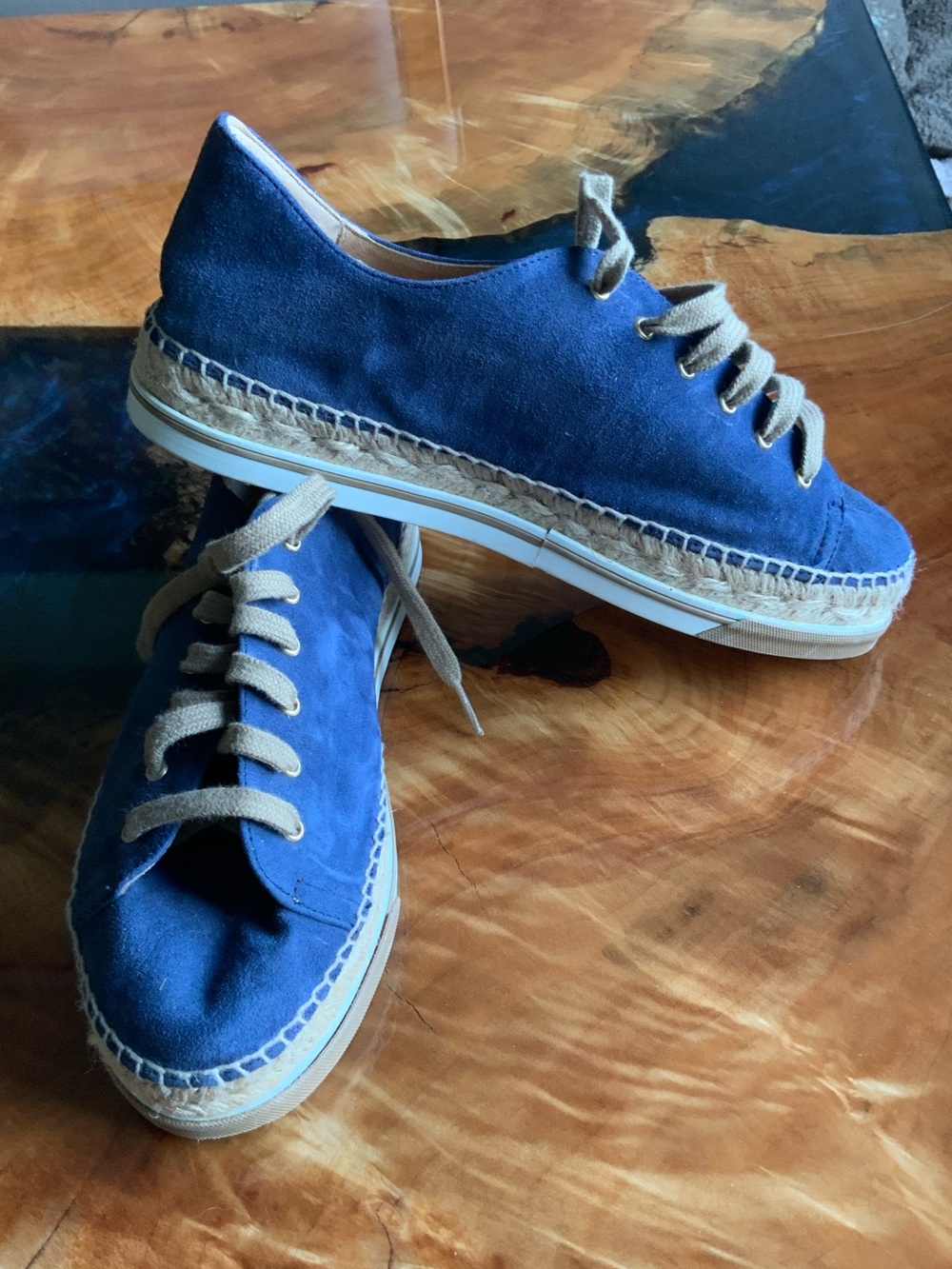 NEW Italian Suede Lightweight Lace-Up Espadrille Sneakers in Blue - Size 8